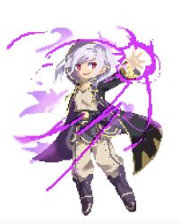 Rule 34 | 1girl, aura, betabetamaru, boots, bright pupils, dark aura, fire emblem, fire emblem awakening, full body, gloves, grima (fire emblem), highres, hood, hood up, hooded robe, long hair, long sleeves, magic, nintendo, outstretched arm, pixel art, red eyes, robe, robin (female) (fire emblem), robin (fire emblem), silver hair, simple background, smirk, solo, twintails, white background, wizard