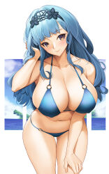 Rule 34 | 1girl, alternate costume, bare shoulders, bikini, blue bikini, blue hair, blush, breasts, brown eyes, cleavage, collarbone, fire emblem, fire emblem: three houses, fire emblem warriors: three hopes, hairband, highres, large breasts, long hair, looking at viewer, marianne von edmund, navel, nintendo, official alternate hairstyle, sidelocks, smile, solo, swimsuit, thighs, tony guisado
