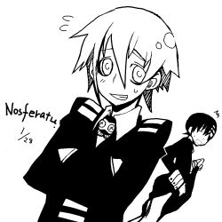 Rule 34 | androgynous, black dress, black hair, cosplay, costume switch, crona (soul eater), crossed arms, cuff links, death the kid, dress, gender request, greyscale, grin, hair between eyes, imawano lem, monochrome, multicolored hair, open mouth, ragnarok (demon sword), short hair, smile, soul eater, ^^^, sweatdrop, two-tone hair, white hair