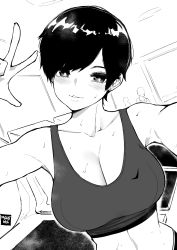 Rule 34 | 1girl, absurdres, bare shoulders, blush, breasts, cleavage, collarbone, greyscale, highres, large breasts, midriff, monochrome, norman maggot, olive laurentia, original, parted lips, pixie cut, selfie, short hair, smirk, sports bra, sweat, w