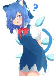 Rule 34 | 1girl, ?, animal ear fluff, animal ears, arms behind back, blue bow, blue dress, blue eyes, blue hair, blush, bow, bowtie, cat ears, cat tail, cirno, collared shirt, commentary request, cowboy shot, dress, fang, from side, hair bow, hair over one eye, highres, ice, ice wings, leaning forward, long hair, looking at viewer, mizune (winter), open mouth, pinafore dress, puffy short sleeves, puffy sleeves, red bow, red bowtie, shirt, short sleeves, simple background, sleeveless, sleeveless dress, solo, tail, touhou, white background, white shirt, wings