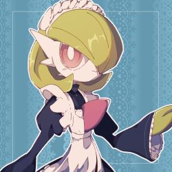 Rule 34 | 1girl, :&gt;, apron, blue background, blue dress, blush, bob cut, border, bright pupils, closed mouth, clothed pokemon, collared dress, creatures (company), dress, female focus, flat chest, frilled apron, frilled sleeves, frills, game freak, gardevoir, gen 3 pokemon, green hair, hair over one eye, hand up, highres, juliet sleeves, light blush, long sleeves, looking to the side, maid, maid apron, maid headdress, nintendo, one eye covered, outline, outside border, pokemon, pokemon (creature), puffy sleeves, red eyes, shiraha (siraha 79), short hair, solo, standing, upper body, white apron, white outline, white pupils, wide sleeves