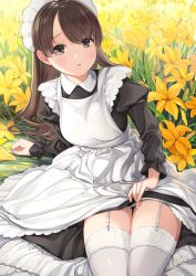 Rule 34 | 1girl, :o, apron, arm support, bad id, bad pixiv id, black dress, blush, brown eyes, brown hair, chestnut mouth, clothes lift, dress, dress lift, field, flower, flower field, garter straps, hair over one eye, highres, juliet sleeves, lace trim, lily (flower), long hair, long sleeves, looking at viewer, maid, maid apron, maid headdress, megumoke, on ground, original, parted lips, puffy sleeves, skirt, skirt lift, solo, thighhighs, thighs, white apron, white thighhighs, wing collar, zettai ryouiki