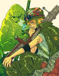 Rule 34 | 2boys, bandaid, bandaid on arm, blonde hair, bugsinmyhoney, cigarette, coat, coat on shoulders, combat helmet, curly eyebrows, earrings, goggles, goggles on head, green coat, green hair, gun, helmet, highres, holding, holding cigarette, holding gun, holding sword, holding weapon, jewelry, looking at viewer, male focus, multiple boys, multiple earrings, muscular, muscular male, one piece, open clothes, roronoa zoro, sanji (one piece), scar, scar across eye, scar on chest, sheath, shirt, short hair, sitting, smile, smoke, smoking, sunglasses, sword, unsheathing, weapon, white shirt