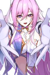 1girl blue_eyes breasts commentary diamond-shaped_pupils diamond_(shape) dress elysia_(honkai_impact) from_above gloves hair_between_eyes highres honkai_(series) honkai_impact_3rd kamishiro_noa large_breasts long_hair pink_hair purple_eyes reaching reaching_towards_viewer simple_background solo symbol-shaped_pupils triquetra two-tone_eyes very_long_hair white_background white_dress white_gloves white_veil