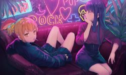 Rule 34 | 10s, 2girls, arm support, black jacket, black skirt, bow, commentary request, couch, hair bow, hair ornament, hair scrunchie, hand on own face, heart, highres, jacket, long hair, long sleeves, looking at viewer, looking away, looking to the side, multiple girls, neon lights, on couch, orange hair, pipimi, plant, pleated skirt, poptepipic, popuko, profile, purple bow, purple eyes, purple hair, purple shirt, saino misaki, scrunchie, shirt, short hair, short twintails, sidelocks, sitting, skirt, sleeves past wrists, twintails, v-shaped eyebrows, very long hair, yellow scrunchie