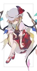 Rule 34 | 1girl, apple, blonde hair, crystal, flandre scarlet, food, fruit, full body, hat, hat ribbon, holding, holding food, holding fruit, long hair, looking at viewer, mob cap, pink eyes, red footwear, red ribbon, red skirt, red vest, ribbon, shihou (g-o-s), shirt, shoes, short sleeves, side ponytail, skirt, solo, touhou, transparent background, vest, white hat, white shirt, wings, yellow neckwear