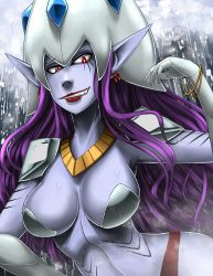 Rule 34 | 1girl, breasts, calamaramon, center opening, cleavage, colored skin, digimon, digimon (creature), digimon frontier, earrings, gloves, hat, jewelry, large breasts, lipstick, long hair, makeup, necklace, pointy ears, purple hair, purple skin, red eyes, solo, teeth, upper body