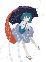 Rule 34 | 1girl, :p, akanbe, blue eyes, blue hair, blue skirt, blue vest, cross-laced clothes, danmaku, dot nose, eyelid pull, flat color, floating, frilled sleeves, frills, full body, furrowed brow, geta, hands up, heterochromia, holding, holding umbrella, juliet sleeves, long sleeves, looking at viewer, puffy sleeves, red eyes, sandals, seeker, shirt, short hair, skirt, socks, solo, tabi, tatara kogasa, tongue, tongue out, touhou, umbrella, undershirt, vest, white background, white shirt