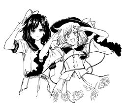 Rule 34 | 2girls, :d, arm behind back, arm up, arms up, belt, blouse, buttons, closed mouth, cowboy shot, cropped legs, diamond button, floral print, frilled shirt collar, frilled sleeves, frills, hand on own head, hat, hisona (suaritesumi), komeiji koishi, looking at viewer, medium hair, monochrome, multiple girls, murasa minamitsu, open mouth, pants, print skirt, rose print, sailor collar, sailor hat, salute, shirt, short sleeves, skirt, smile, split mouth, third eye, touhou