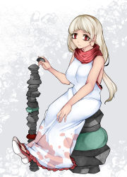 Rule 34 | 1girl, absurdres, adapted costume, aged up, aoshima, bare arms, bare shoulders, blonde hair, breasts, commentary request, dress, earlobes, ebisu eika, full body, grey background, highres, holding, holding rock, large breasts, long dress, long earlobes, long hair, looking at viewer, low-tied long hair, parted lips, red eyes, red footwear, red scarf, rock, scarf, shoes, sitting, sleeveless, sleeveless dress, solo, stack, touhou, white background, white dress