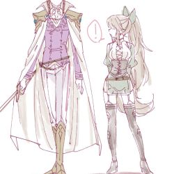 Rule 34 | !, 1boy, 1girl, adapted costume, boots, bow, brown hair, cape, commentary request, formal, garter straps, genderswap, genderswap (ftm), genderswap (mtf), hair bow, height difference, link, long hair, nintendo, out of frame, pelvic curtain, ponytail, princess zelda, rapier, short shorts, shorts, shuri (84k), sidelocks, spoken exclamation mark, suit, sword, the legend of zelda, the legend of zelda: twilight princess, thigh boots, thighhighs, weapon