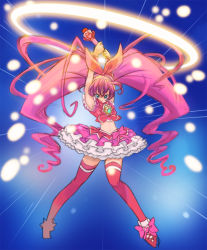Rule 34 | 10s, 1girl, armpits, arms up, blue background, blue eyes, bow, brooch, cure melody, curly hair, dress, frills, full body, hair ribbon, highres, houjou hibiki, jewelry, long hair, magic, magical girl, midriff, navel, no mouth, okera, pink bow, pink hair, precure, red thighhighs, ribbon, shoes, solo, suite precure, thighhighs, twintails, wand