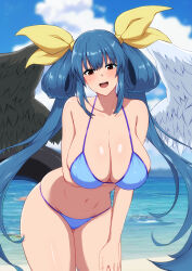 Rule 34 | 1girl, absurdres, angel wings, arm under breasts, asymmetrical wings, bare shoulders, beach, bikini, blue bikini, blue sky, blush, breasts, cleavage, cloud, cloudy sky, commentary request, dizzy (guilty gear), fuuma (bangolga1), groin, guilty gear, guilty gear xrd, guilty gear xx, hair rings, hanging breasts, highres, large breasts, leaning forward, long hair, looking at viewer, mature female, monster girl, navel, ocean, open mouth, sidelocks, skindentation, sky, solo, stomach, swimsuit, tail, thick thighs, thighs, twintails, water, wings