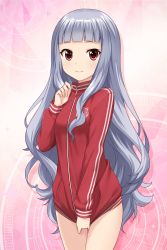 Rule 34 | 1girl, absurdres, alternative girls, bare legs, clothes pull, highres, hiiragi tsumugi, jacket, jacket pull, long hair, long sleeves, looking at viewer, official art, pink background, red eyes, red jacket, silver hair, smile, zipper