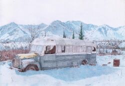 Rule 34 | absurdres, ballpoint pen (medium), bare tree, bus, chair, drum (container), highres, into the wild, motor vehicle, mountain, no humans, outdoors, pavlo scherbatyuk, real world location, scenery, shadow, snow, traditional media, tree, vehicle focus