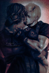 Rule 34 | 2boys, artist name, bara, carrying, carrying person, closed eyes, clothes pull, couple, curtained hair, fingerless gloves, folyxfanart, gloves, holster, jacket, kiss, leon s. kennedy, luis sera, male focus, multiple boys, muscular, muscular male, pants, pants pull, resident evil, resident evil 4, resident evil 4 (remake), short hair, shoulder holster, tumblr username, yaoi