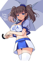 Rule 34 | 1girl, alternate costume, atlanta (kancolle), blush, breasts, brown hair, clothes writing, collarbone, dated, earrings, grey eyes, holding, holding umbrella, jewelry, kantai collection, large breasts, long hair, navel, odawara hakone, race queen, short sleeves, simple background, solo, star (symbol), star earrings, thighhighs, twitter username, two side up, umbrella, white background, white thighhighs