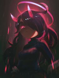 Rule 34 | 1girl, :&lt;, absurdres, black hair, black sweater, borrowed character, commentary, english commentary, glowing, glowing eyes, hair over one eye, halo, highres, horns, long hair, long sleeves, looking at viewer, original, porforever, red eyes, red horns, red theme, ribbed sweater, solo, sweater, turtleneck, turtleneck sweater