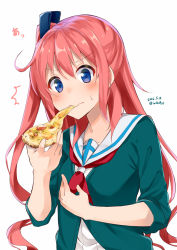 Rule 34 | 10s, 1girl, 2016, ^^^, blue eyes, blush, cardigan, cheese trail, closed mouth, collarbone, dated, eating, food, holding, holding food, long hair, neckerchief, one side up, original, pink hair, pizza, pizza slice, sailor collar, sasahara wakaba, simple background, solo, sweatdrop, twitter username, white background