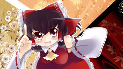 Rule 34 | 1girl, ascot, bare shoulders, black hair, blush, bow, brown eyes, detached sleeves, female focus, hair bow, hair tubes, hakurei reimu, hand on own hip, highres, looking at viewer, open mouth, short hair, smile, solo, touhou, yume shokunin