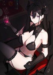 Rule 34 | 1girl, alcohol, arm strap, black bow, black bowtie, black garter belt, black garter straps, black gloves, black hair, black thighhighs, bow, bowtie, breasts, cleavage, closed mouth, cup, demon girl, demon horns, demon wings, elbow gloves, garter belt, garter straps, gloves, hayabusa, highres, holding, holding cup, horns, large breasts, long hair, mole, mole on breast, mole under eye, mole under mouth, navel, original, purple eyes, sitting, thighhighs, thighs, wings