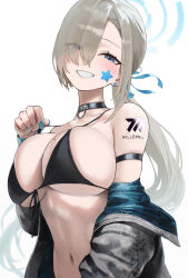 Rule 34 | 1girl, absurdres, asuna (blue archive), bikini, bikini top only, blonde hair, blue archive, blue eyes, breasts, choker, grin, highres, jacket, kazane-wind, large breasts, looking at viewer, mole, mole on breast, smile, solo, swimsuit
