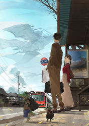 Rule 34 | 1boy, 1girl, backpack, bag, brown hair, bus, bus stop, cloud, commentary request, day, dragon, dragon boy, falling leaves, fantasy, highres, leaf, long skirt, mini person, miniboy, motor vehicle, original, road, road sign, sign, skirt, sky, somehira katsu, standing, street