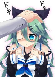 Rule 34 | 1girl, bare shoulders, black ribbon, black serafuku, blue eyes, blue neckerchief, blush, commentary request, detached sleeves, green hair, hair between eyes, hair ornament, hairclip, hand on another&#039;s head, headpat, kantai collection, long hair, looking at viewer, neckerchief, one eye closed, peta (taleslove596), ribbon, school uniform, serafuku, smile, solo, solo focus, white background, yamakaze (kancolle)