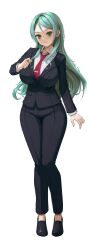 Rule 34 | 1girl, aqua hair, arm at side, bang dream!, black footwear, black jacket, black pants, black suit, blush, breasts, closed mouth, collared shirt, commentary, diagonal-striped clothes, diagonal-striped necktie, formal, full body, green eyes, hand up, highres, hikawa sayo, jacket, large breasts, long hair, looking at viewer, necktie, no socks, office lady, pant suit, pants, red necktie, shirt, shoes, sidelocks, simple background, smile, solo, standing, striped clothes, suit, swept bangs, tie clip, wavy hair, white background, white shirt, yeonrizee