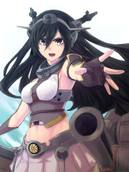 Rule 34 | &gt;:o, 10s, 1girl, :o, bad id, bad pixiv id, bare shoulders, black gloves, black hair, breasts, brown eyes, cannon, elbow gloves, female focus, fingerless gloves, gloves, gradient background, hair between eyes, hairband, headgear, highres, kantai collection, large breasts, long hair, looking at viewer, mecha musume, midriff, nagato (kancolle), navel, nuqura, open mouth, outdoors, outstretched hand, pleated skirt, skirt, solo, turret, upper body, v-shaped eyebrows