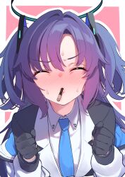 Rule 34 | 1girl, absurdres, black halo, blue archive, blue necktie, blush, closed eyes, commentary request, food, food in mouth, halo, highres, long hair, necktie, pink background, pocky, pocky day, pocky in mouth, purple hair, shirt, simple background, solo, sutora binsuke, upper body, white shirt, yuuka (blue archive)