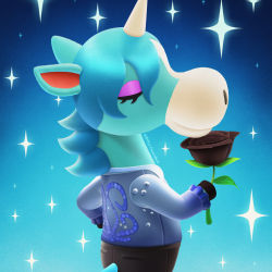 Rule 34 | 1boy, animal crossing, animal ears, black flower, black pants, black rose, blue background, blue hair, blue shirt, butterchickenbutt, closed mouth, commentary, closed eyes, eyeshadow, flower, frilled sleeves, frills, furry, furry male, hand on own hip, holding, holding flower, horns, horse boy, horse ears, horse tail, instagram username, julian (animal crossing), long hair, long sleeves, makeup, making-of available, male focus, mane, nintendo, pants, profile, rose, shirt, single horn, smelling flower, solo, sparkle, tail, unicorn, upper body