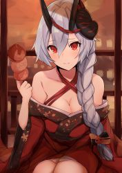 Rule 34 | 1girl, absurdres, blush, braid, braided ponytail, breasts, cleavage, collarbone, fate/grand order, fate (series), hair between eyes, halterneck, highres, holding, horns, japanese clothes, kimono, long hair, looking at viewer, mask, mask on head, medium breasts, nanakaku, print kimono, red eyes, red kimono, silver hair, single braid, sitting, smile, solo, tomoe gozen (fate), tomoe gozen (merely red) (fate), very long hair