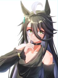 Rule 34 | 1girl, absurdres, ahoge, alternate costume, animal ears, bare shoulders, black choker, black dress, black hair, bracelet, breasts, buckwheat638478, choker, cleavage, closed mouth, commentary request, dress, earrings, highres, horse ears, horse girl, jewelry, long hair, long sleeves, looking at viewer, manhattan cafe (umamusume), multicolored hair, off-shoulder dress, off shoulder, pointing, pointing up, simple background, single earring, small breasts, smile, solo, streaked hair, umamusume, upper body, white background, white hair, yellow eyes