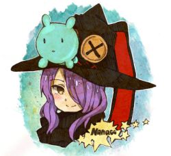 Rule 34 | 1girl, artist request, character name, gradient background, hair over one eye, hat, houkago no pleiades, nanako (houkago no pleiades), one eye covered, pleiadean, purple hair, smile, solo, witch hat
