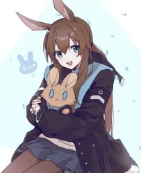 Rule 34 | 1girl, :d, amiya (arknights), animal ear fluff, animal ears, anniversary, arknights, black jacket, blue background, blue eyes, blue skirt, brown hair, brown pantyhose, commentary request, confetti, hair between eyes, highres, jacket, long hair, long sleeves, looking at viewer, odjikasu, one-hour drawing challenge, open clothes, open jacket, open mouth, pantyhose, pleated skirt, puffy long sleeves, puffy sleeves, rabbit ears, shirt, sitting, skirt, smile, solo, two-tone background, very long hair, white background, white shirt