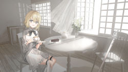 Rule 34 | 1girl, :d, absurdres, black bow, blonde hair, bow, cake, cake slice, chair, character request, chihuri, commentary request, cup, curtains, dress, flower, food, frilled dress, frills, grey eyes, hair between eyes, halo, highres, holding, holding cup, holding saucer, indoors, long sleeves, looking at viewer, on chair, open mouth, open window, saucer, sitting, smile, solo, table, teacup, teapot, vase, vocaloid, white dress, white flower, wide sleeves, window, wooden floor
