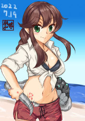 Rule 34 | 1girl, absurdres, abyssal ship, artist logo, beach, bikini, bikini top only, bikini under clothes, black bikini, blue sky, braid, breasts, brown hair, cleavage, cowboy shot, dated, day, enemy naval mine (kancolle), gradient sky, green eyes, highres, horizon, kantai collection, large breasts, noshiro (kancolle), ocean, official alternate costume, one-hour drawing challenge, outdoors, red shorts, shirt, shizuwaza, shorts, sky, swept bangs, swimsuit, swimsuit under clothes, teeth, tentacles, tied shirt, twin braids