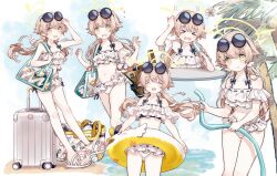Rule 34 | 1girl, bikini, blue archive, eyewear on head, frilled bikini, frills, halo, hifumi (blue archive), hifumi (swimsuit) (blue archive), highres, light brown hair, low twintails, migolu, multiple views, off-shoulder bikini, off shoulder, ribbon-trimmed bikini, ribbon-trimmed swimsuit, ribbon trim, sunglasses, swimsuit, thighs, twintails, white bikini, wing hair ornament, winged halo, yellow halo