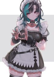 1girl 4-finger_heart_hands :/ @-you_(you_2023_8_16) apron aqua_hair asymmetrical_hair averting_eyes belt beret black_belt black_choker black_dress black_hair black_thighhighs breasts brown_eyes choker collarbone colored_inner_hair commentary_request cosplay cowboy_shot dress earrings ellen_joe ellen_joe_(cosplay) floating_earring frilled_skirt frills grey_background hairband hat heart heart_hands high_belt highres hololive hololive_dev_is jewelry large_breasts maid maid_apron maid_headdress medium_hair moechakkafire multicolored_hair multiple_rings pendant_choker puffy_short_sleeves puffy_sleeves purple_stripes rindo_chihaya ring short_sleeves simple_background skindentation skirt skirt_pocket solo spiked_hairband spiked_sleeves spikes streaked_hair studded_belt thighhighs two-tone_background virtual_youtuber waist_apron white_apron white_background white_headdress white_stripes wrench wrist_cuffs zenless_zone_zero zettai_ryouiki