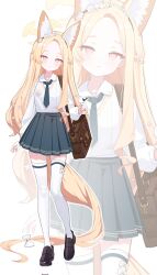 Rule 34 | 1girl, alternate costume, animal ears, bag, bird, bird on hand, black footwear, blonde hair, blue archive, bow, bow legwear, brown bag, closed mouth, commentary, fake animal ears, flower, fox ears, full body, hair bow, hair flower, hair ornament, halo, highres, kithera, loafers, long hair, long sleeves, looking at viewer, necktie, pink eyes, school bag, school uniform, seia (blue archive), shirt, shoes, shoulder bag, sidelocks, skirt, solo, standing, thighhighs, very long hair, white bow, white shirt, white thighhighs, zettai ryouiki, zoom layer