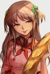 Rule 34 | 1girl, :p, azusagawa tsukino, baguette, bread, brown hair, food, green eyes, green ribbon, grey background, hair ribbon, half-closed eyes, holding, holding food, hungry clicker, jacket, long hair, looking at viewer, neckerchief, pink jacket, red neckerchief, ribbon, short sleeves, simple background, solo, tongue, tongue out, two side up, upper body, yakitate!! japan