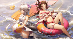 Rule 34 | 2girls, absurdres, animal ears, arknights, bare shoulders, breasts, brown hair, crocodilian tail, eyjafjalla (arknights), eyjafjalla (summer flower) (arknights), flower, hair between eyes, hair flower, hair ornament, highres, huge filesize, long hair, looking at viewer, multiple girls, navel, ocean, official alternate costume, pink eyes, pointy ears, purple eyes, river (river ga), short hair, silver hair, standing, swimsuit, tail, thigh strap, tomimi (arknights), tomimi (silent night) (arknights)