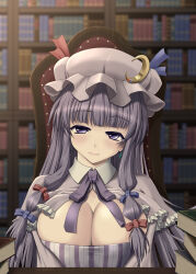 Rule 34 | 1girl, blue bow, blunt bangs, book, bookshelf, bow, bowtie, breasts, bun cover, capelet, chair, cleavage, collared capelet, double bun, dress, earrings, hair bow, hair bun, hat, hat bow, highres, jewelry, large breasts, library, light smile, lips, long hair, long sleeves, mob cap, patchouli knowledge, purple bow, purple bowtie, purple dress, purple eyes, purple hair, purple hat, red bow, smile, solo, striped clothes, striped dress, touhou, vertical-striped clothes, vertical-striped dress, very long hair, vision (artist)