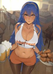Rule 34 | 1girl, :t, absurdres, alcohol, alternate breast size, artist name, bare shoulders, beer, blue eyes, blue hair, breasts, chair, chicken (food), cleavage, collarbone, commentary, english commentary, fire emblem, food, glaring, highres, hooters, large breasts, lips, long hair, looking at viewer, lucina (fire emblem), navel, nintendo, pantyhose, pout, pplord, short shorts, shorts, solo, standing, stomach, torn clothes, torn pantyhose, waitress