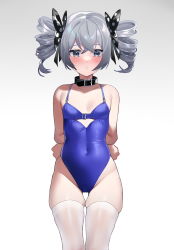 Rule 34 | 1girl, arms behind back, bad id, bad pixiv id, bare shoulders, blue one-piece swimsuit, blush, breasts, bronya zaychik, collar, collarbone, competition swimsuit, covered navel, drill hair, ginklaga, grey eyes, grey hair, hair between eyes, highres, honkai (series), honkai impact 3rd, looking at viewer, medium hair, one-piece swimsuit, school swimsuit, simple background, skindentation, small breasts, solo, swimsuit, thighhighs, twin drills, white background, white thighhighs