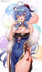 Rule 34 | ahoge, alternate costume, artist name, bare shoulders, blue hair, blush, breasts, chinese knot, cleavage, covered navel, flower, flower knot, ganyu (genshin impact), genshin impact, highres, holding, holding flower, horns, large breasts, long hair, one eye closed, pantheon eve, purple eyes, qingxin flower, sidelocks, slime (genshin impact), smile, solo, tassel, thighs, very long hair, white flower