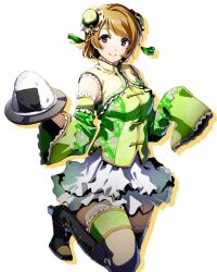 Rule 34 | 1girl, boots, brown hair, bun cover, closed mouth, detached sleeves, food, green sleeves, holding, holding plate, knee boots, koizumi hanayo, layered skirt, long sleeves, looking at viewer, love live!, love live! school idol project, miniskirt, nakano maru, onigiri, plate, pleated skirt, purple eyes, short hair, simple background, skirt, sleeves past fingers, sleeves past wrists, smile, solo, standing, standing on one leg, swept bangs, thigh strap, white background, white skirt