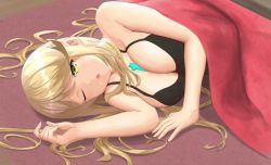 Rule 34 | 1girl, bare shoulders, black shirt, blinking, blonde hair, blush, breasts, casual suit, cleavage, jewelry, large breasts, long hair, looking at viewer, lying, mythra (xenoblade), nemunemu semi, nightgown, nintendo, one eye closed, shirt, skindentation, sleeping, solo, swept bangs, xenoblade chronicles (series), xenoblade chronicles 2, yellow eyes